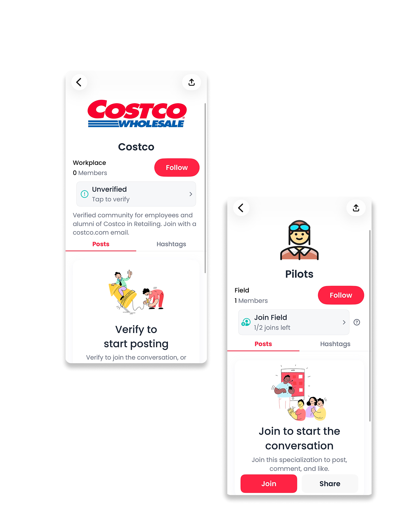 Looped workplace and field community screens in the iOS app