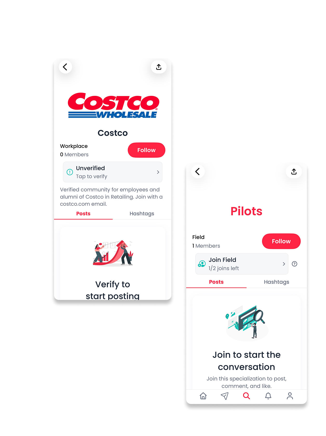 Looped workplace and field community screens in the iOS app